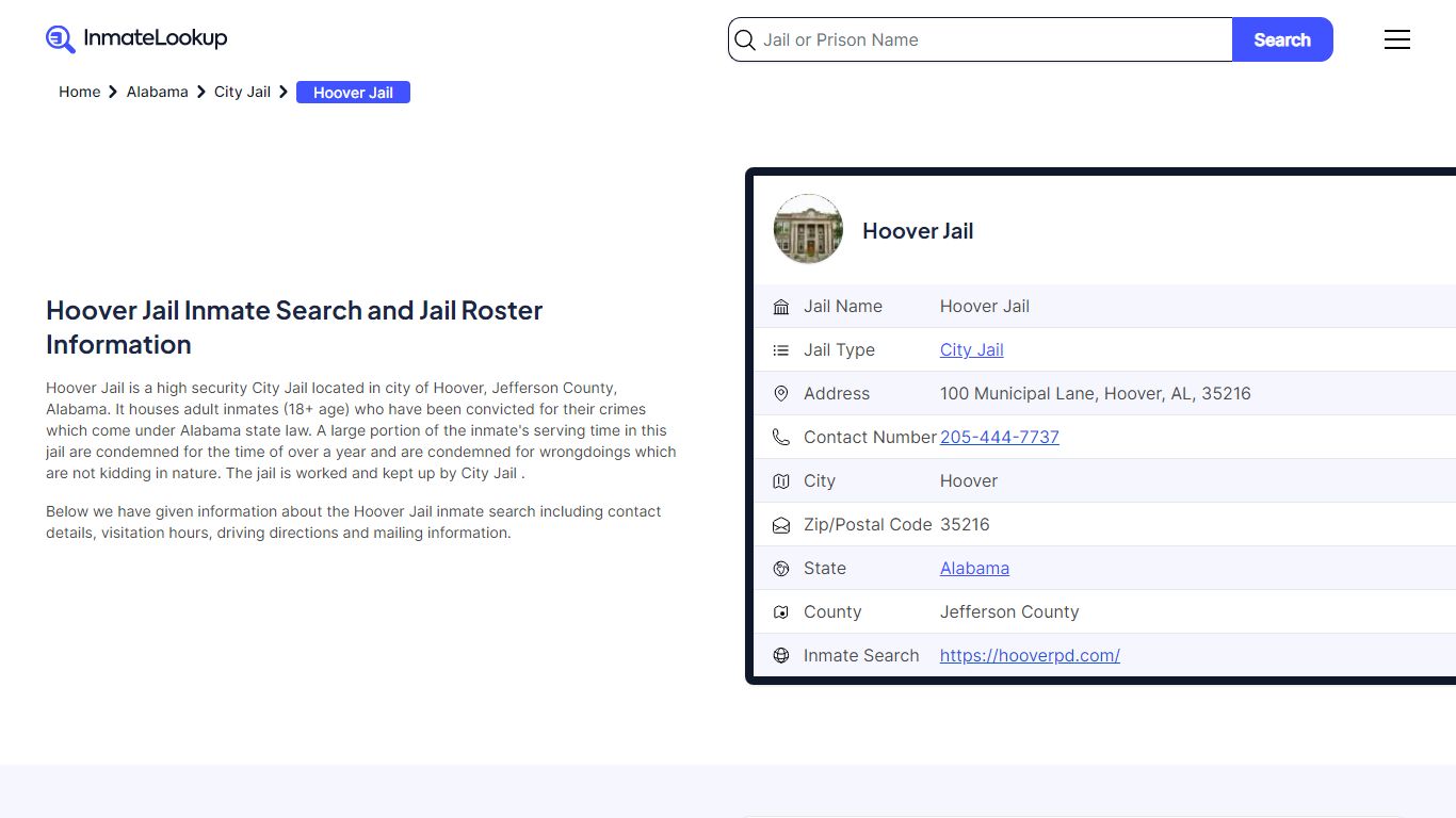Hoover Jail Inmate Search and Jail Roster Information